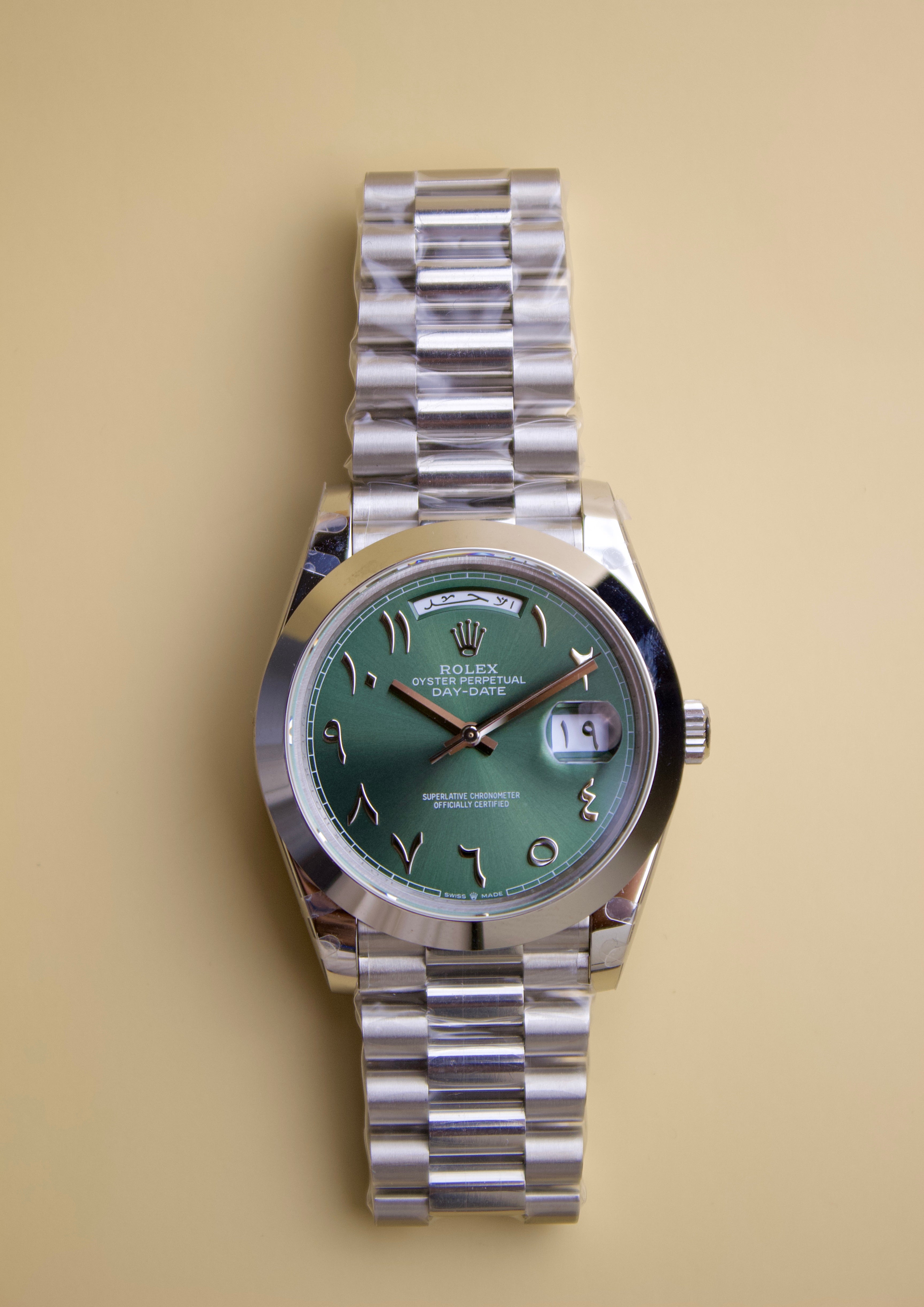 ROLEX OYSTER PERPETUAL DAY-DATE WITH OLIVE GREEN ARABIC DIAL
