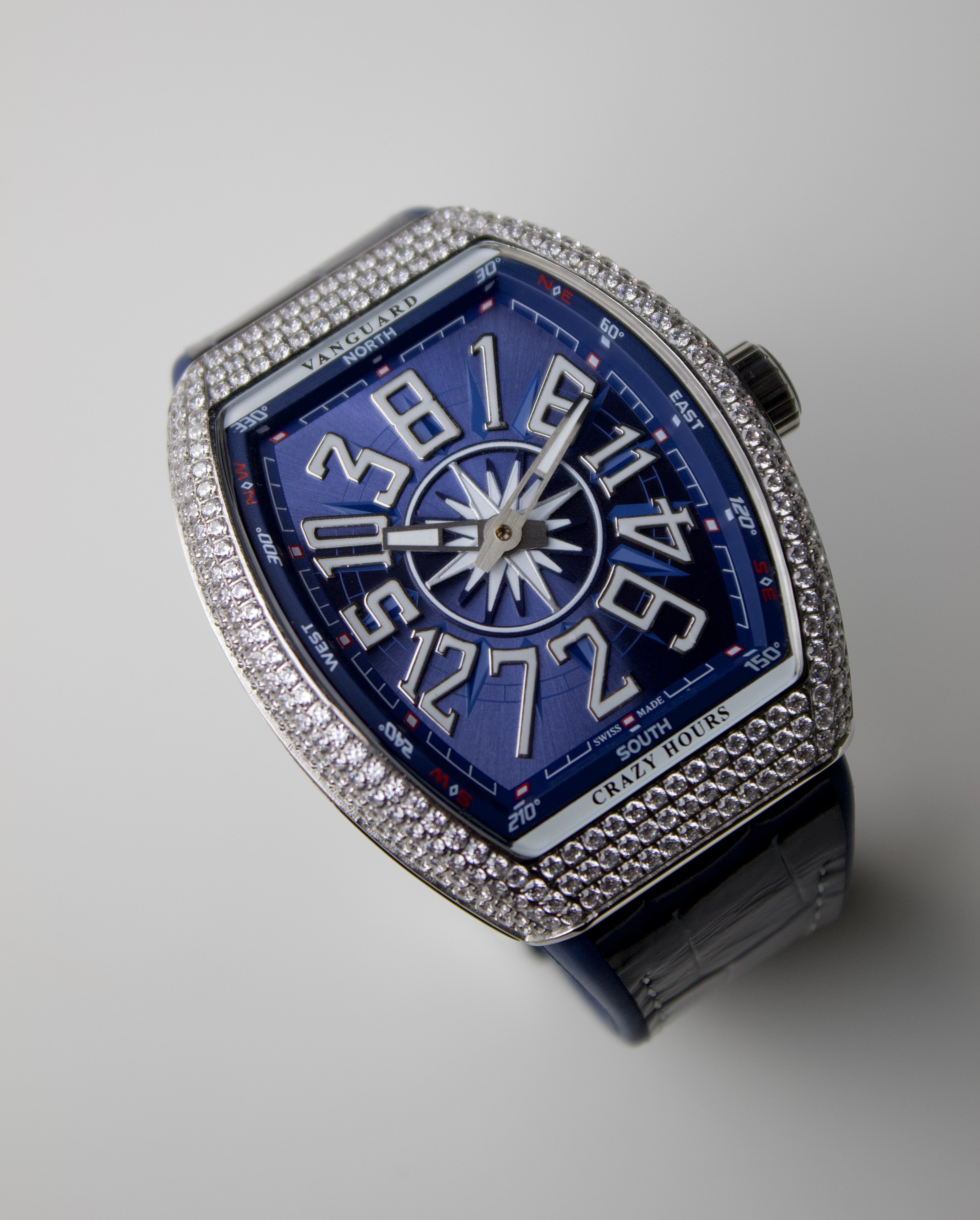 FRANCK MULLER VANGUARD CRAZY HOURS DIAMOND CASE BLUE DIAL